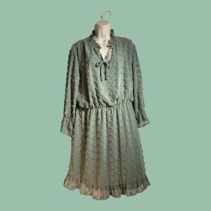 Tacera Sage Green Swiss Dot Drop Waist Peasant Dress Midi Size XL